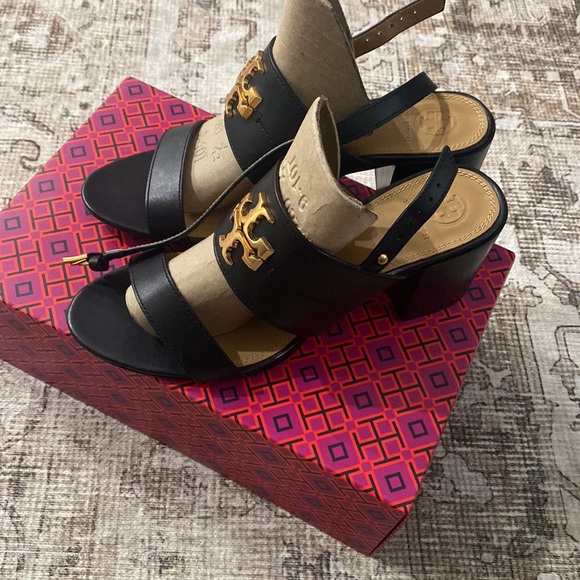 Tory Burch black leather chunky heel big gold logo sz 9 - Picture 7 of 7